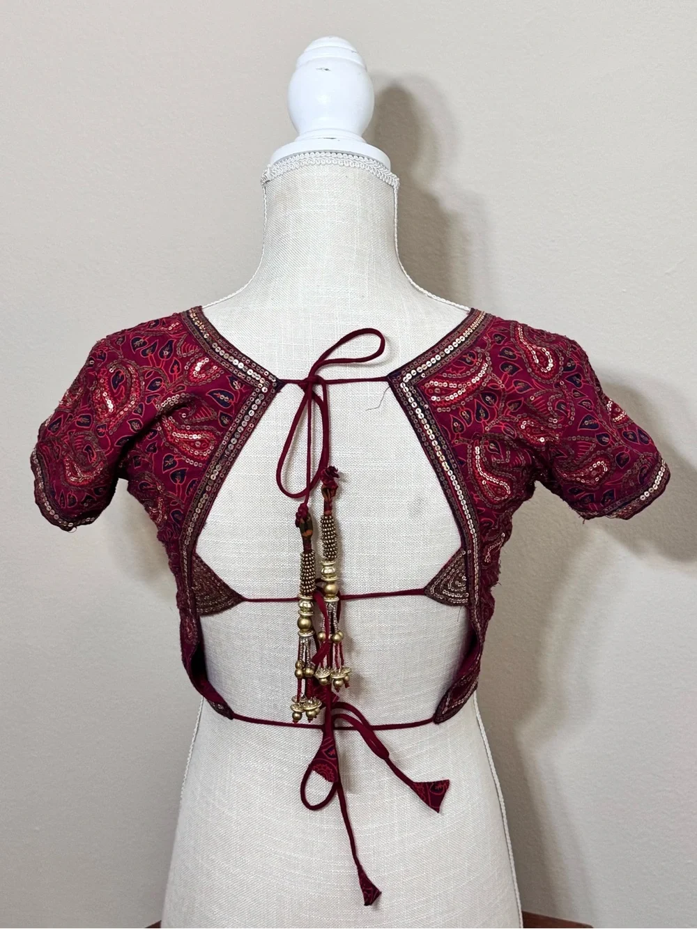 Sari Saree Indian blouse choli crop top 3 tassel ties back embroidered beaded